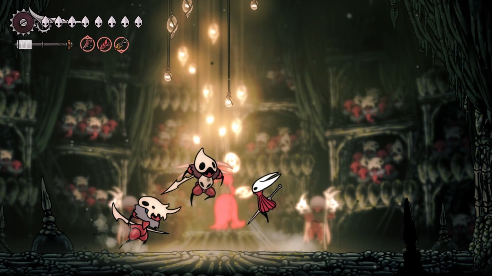 Hollow Knight: Silksong screenshot featuring Hornet fighting the Ant Gauntlet.