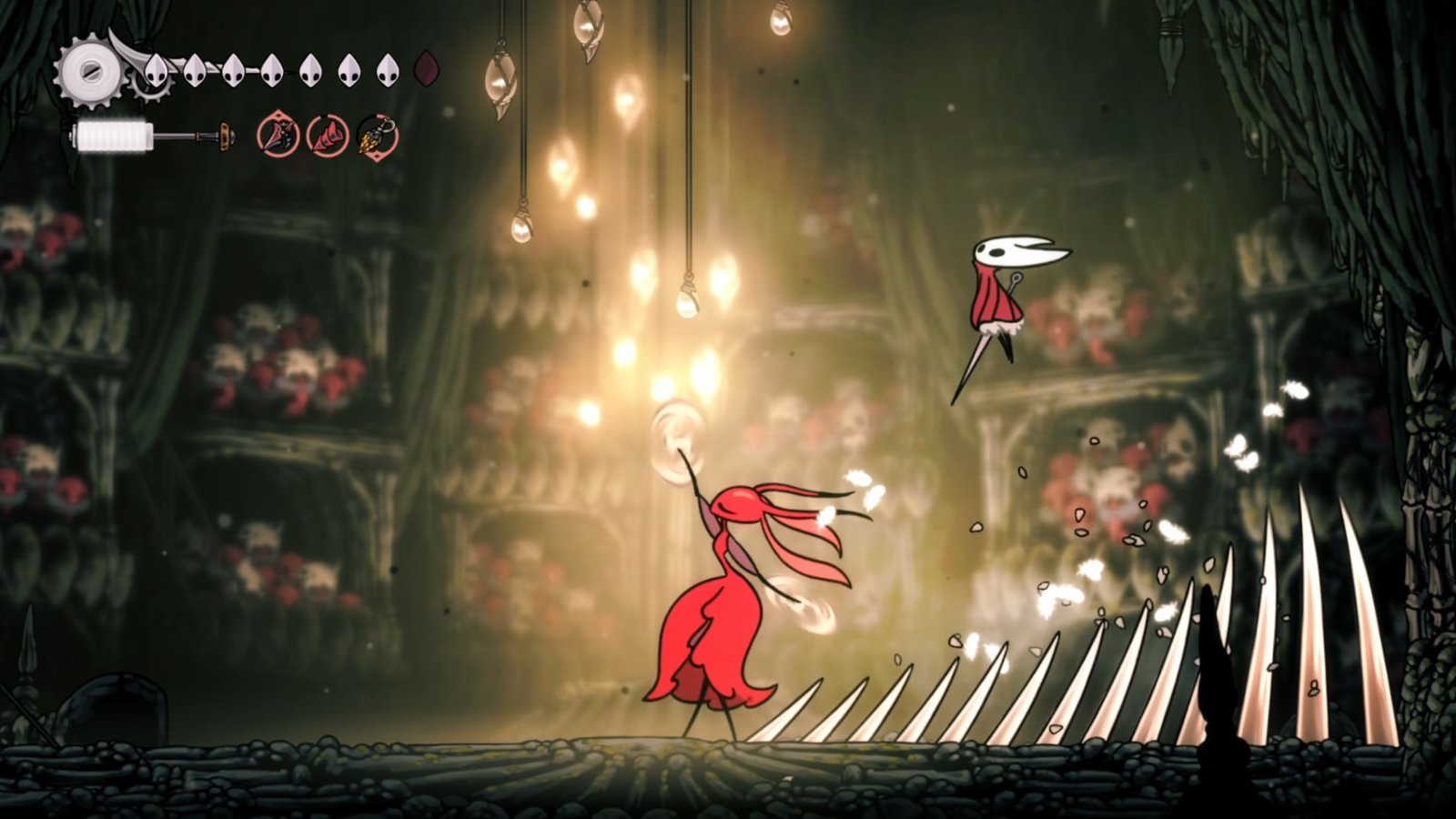 Hollow Knight: Silksong screenshot featuring Hornet jumping over spikes released by Skarrsinger Karmelita.
