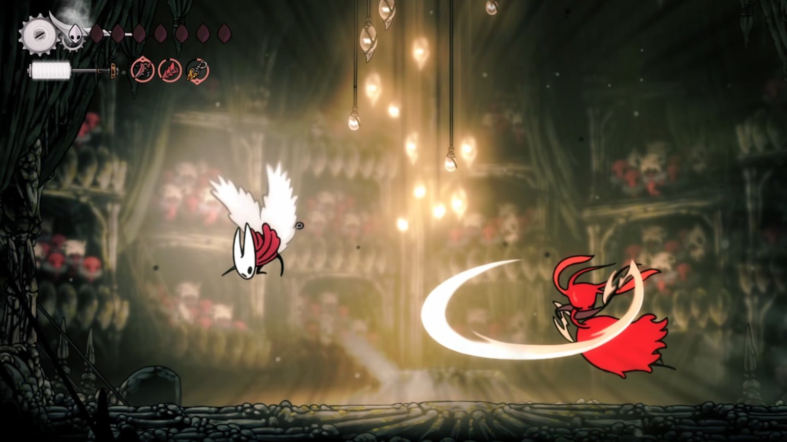 Hollow Knight: Silksong screenshot featuring Hornet using wings to dodge Skarrsinger Karmelita's Bone Swipes.