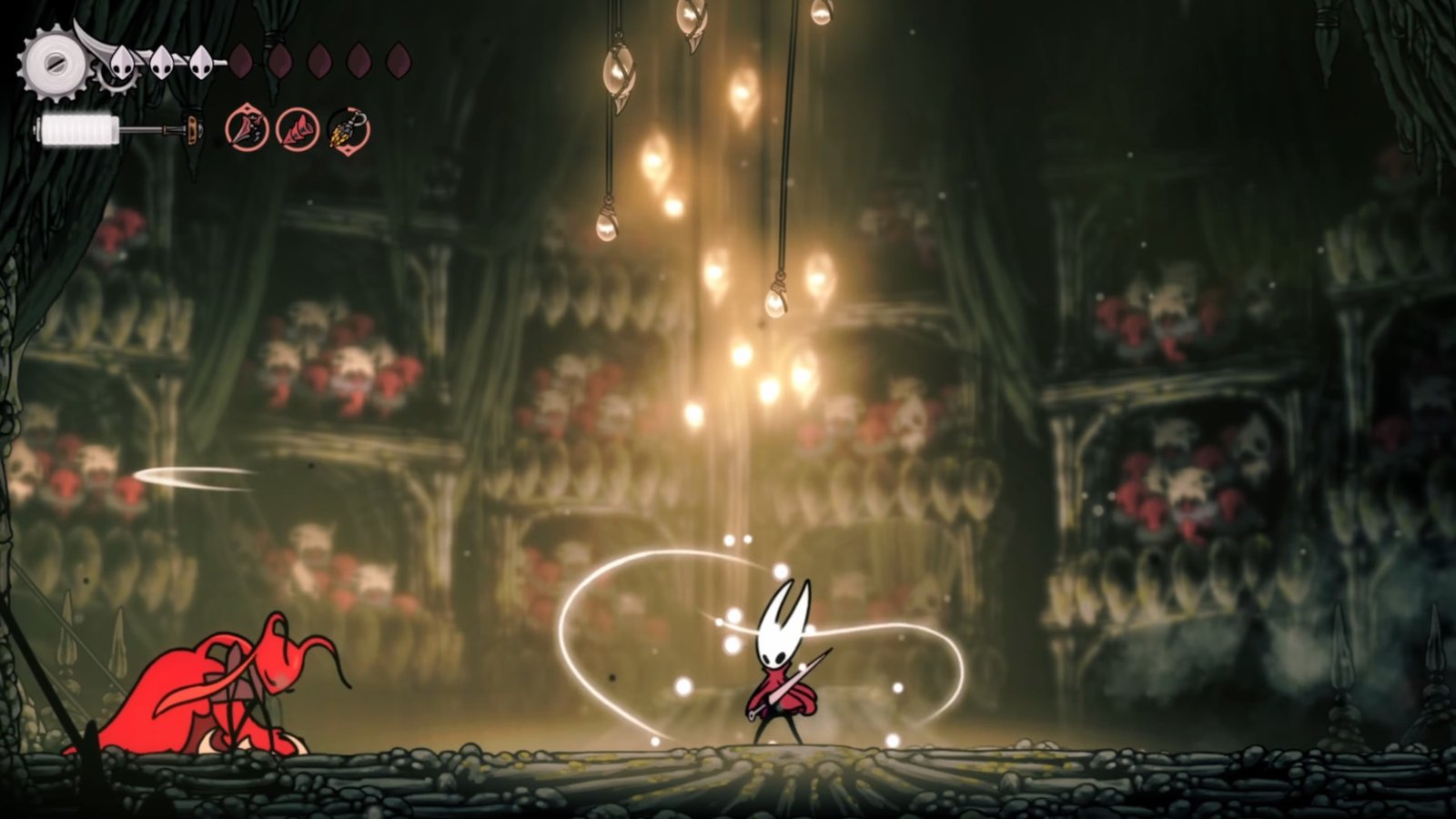 Hollow Knight: Silksong screenshot featuring Hornet healing herself after stunning Skarrsinger Karmelita.