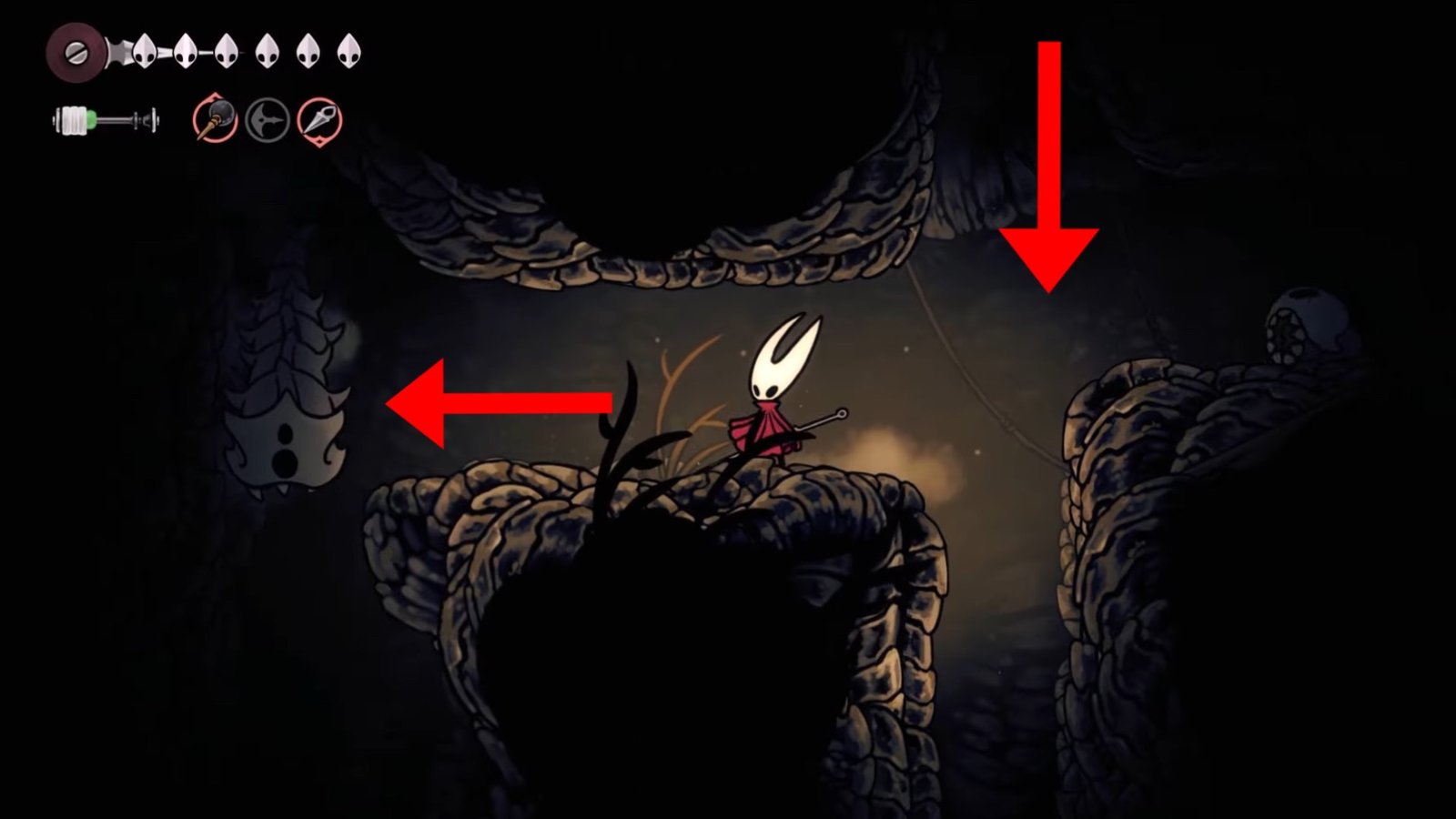 Silksong featuring Hornet heading left inside the Wormways with an enemy in front of her.