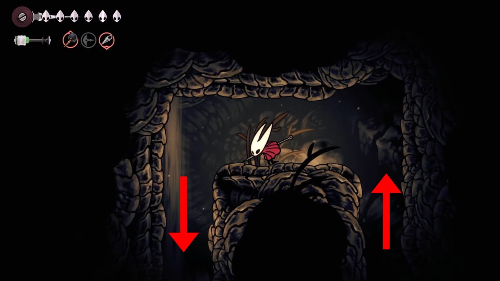 Silksong featuring Hornet heading left to drop down an opening.