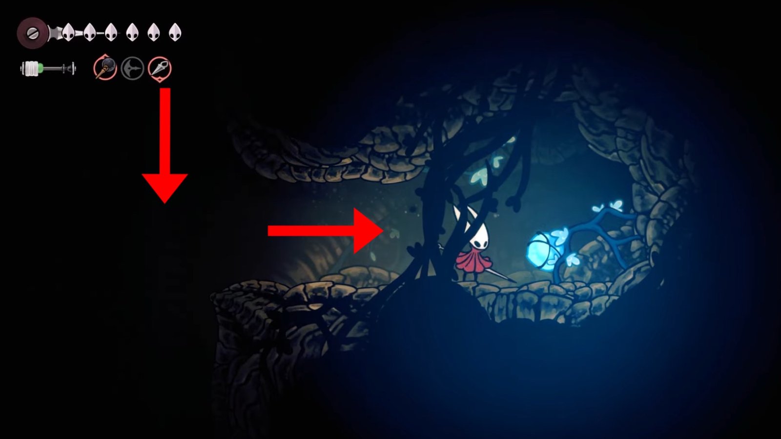 Silksong featuring Hornet at the first Plasmium sample location.