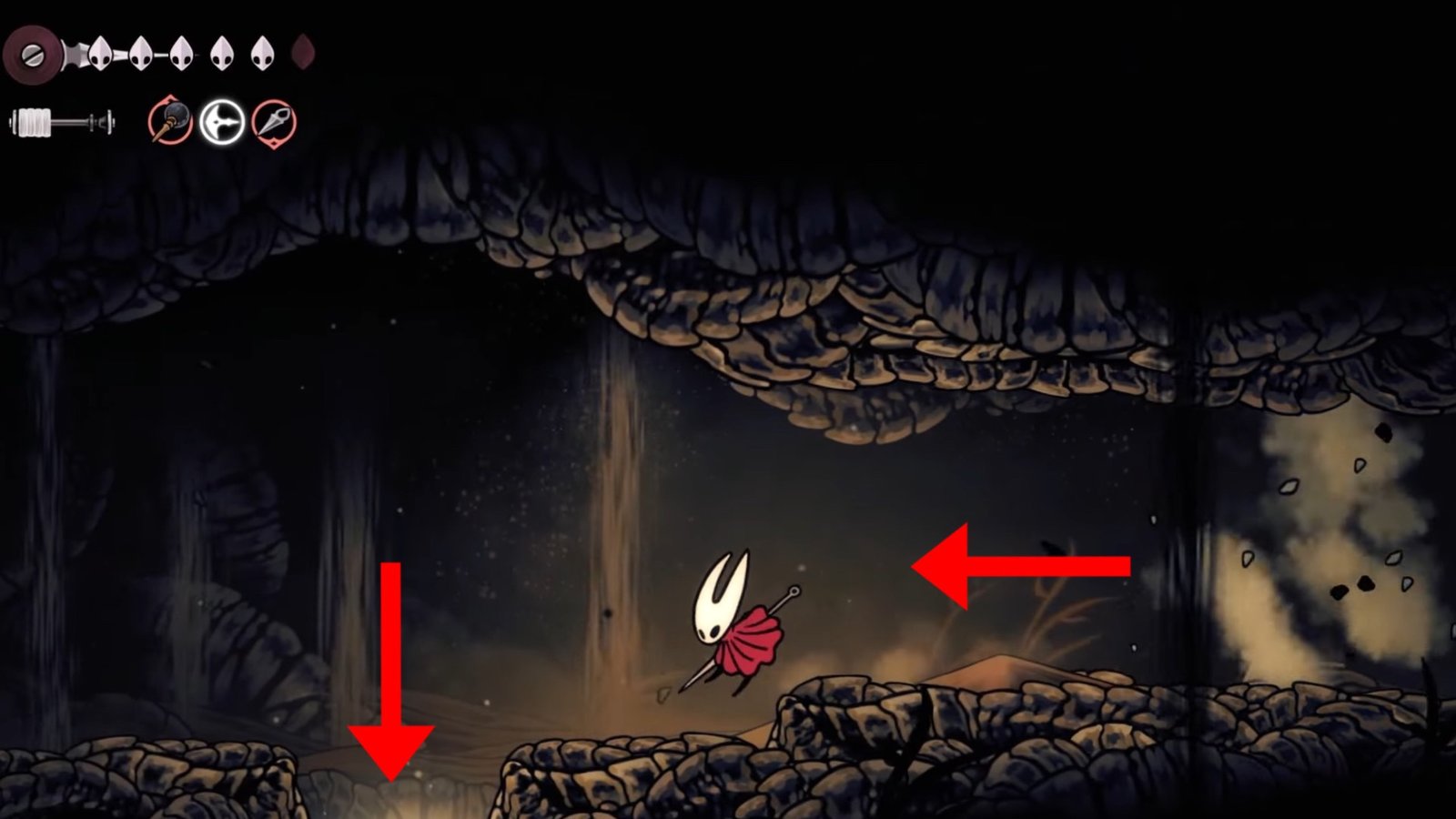 Silksong featuring Hornet heading towards an opening on the left.