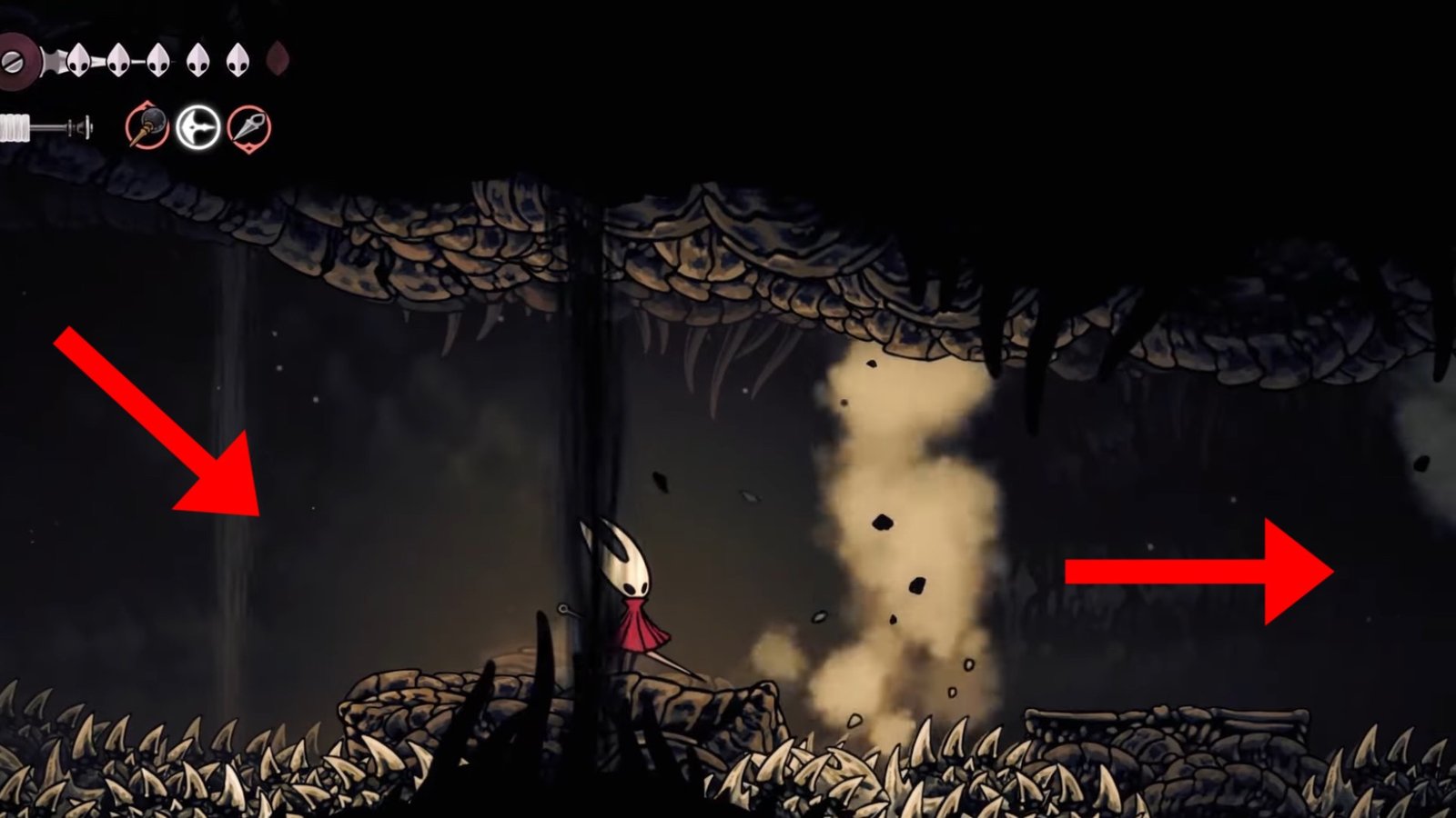 Silksong featuring Hornet heading right and avoiding the spikes that lie below.