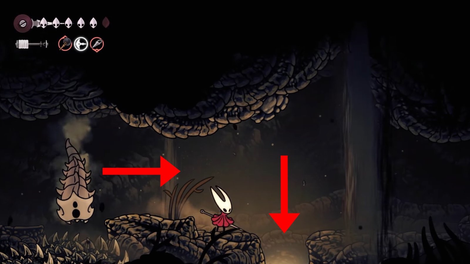 Silksong featuring Hornet heading right towards an opening below.