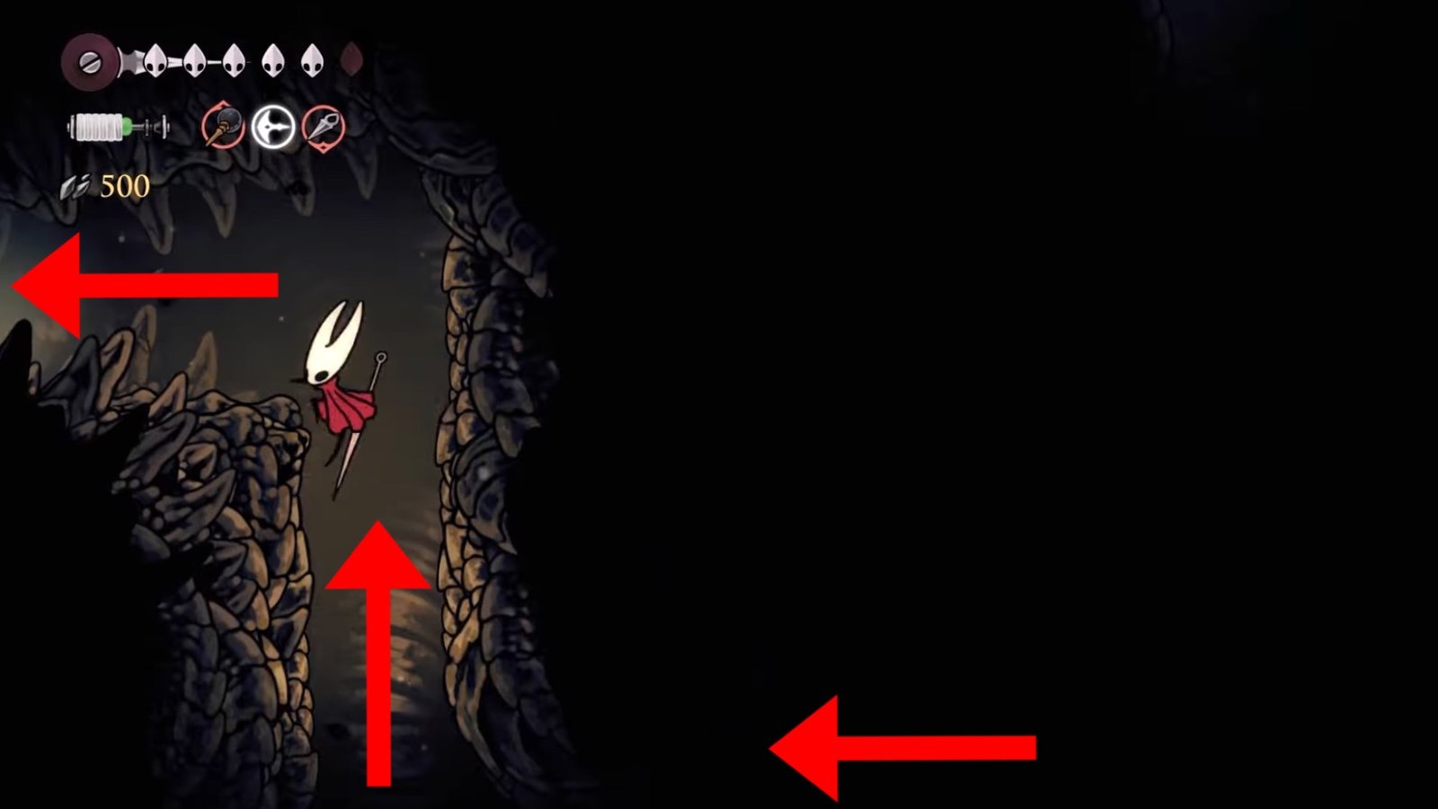 Silksong featuring Hornet heading left towards an opening on the wall.