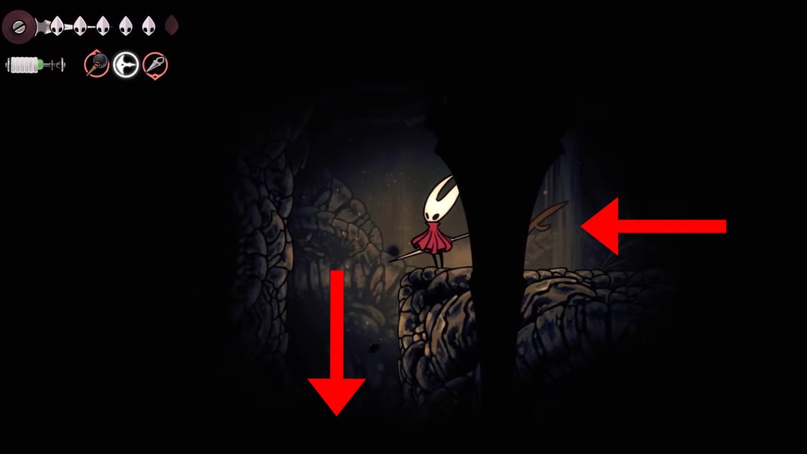 Silksong featuring Hornet heading left towards an opening below.