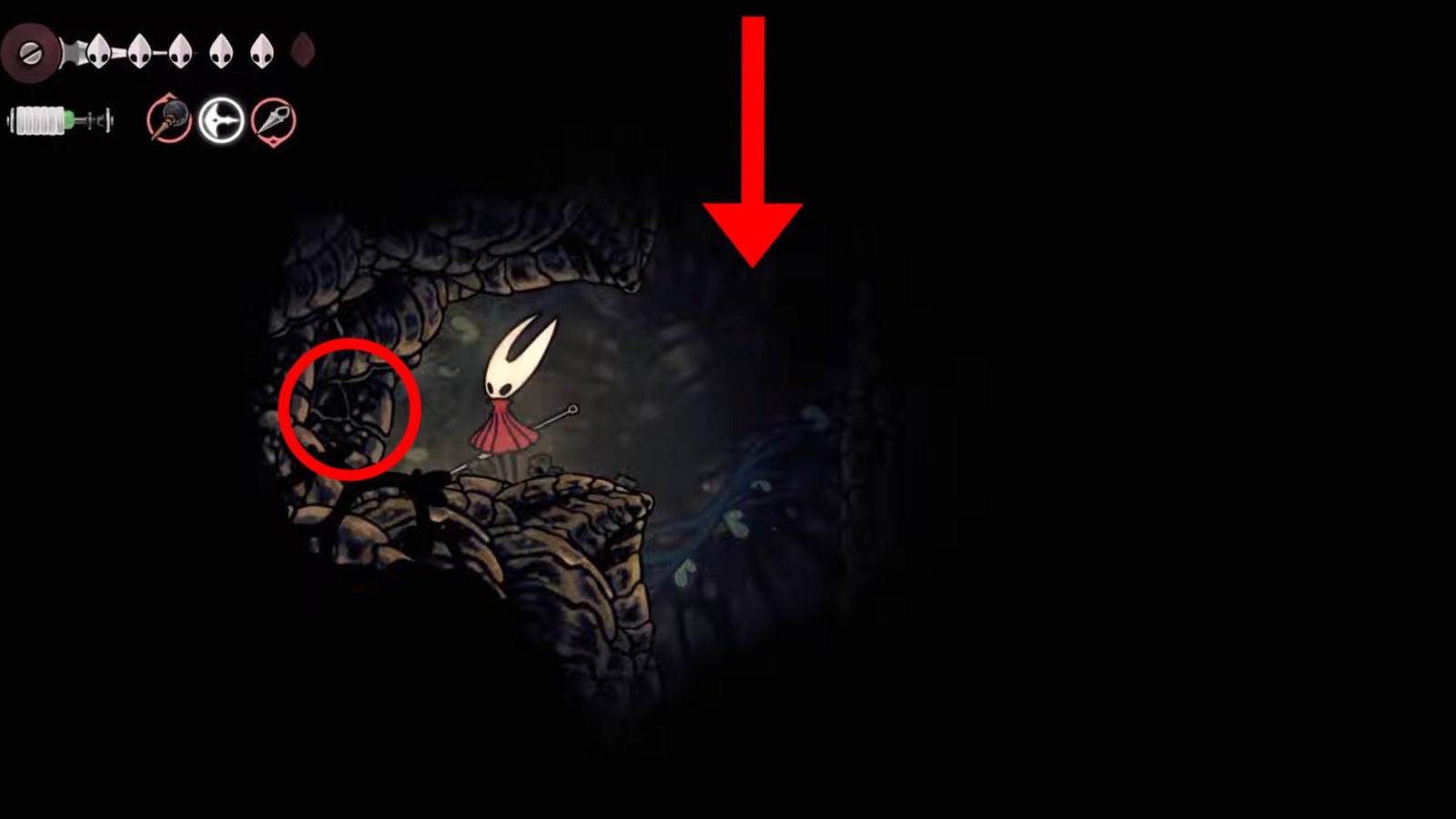 Silksong featuring Hornet at a breakable wall on the left.