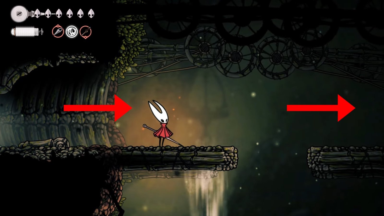 Silksong featuring Hornet standing on a platform with gears at the top and an air vent below.