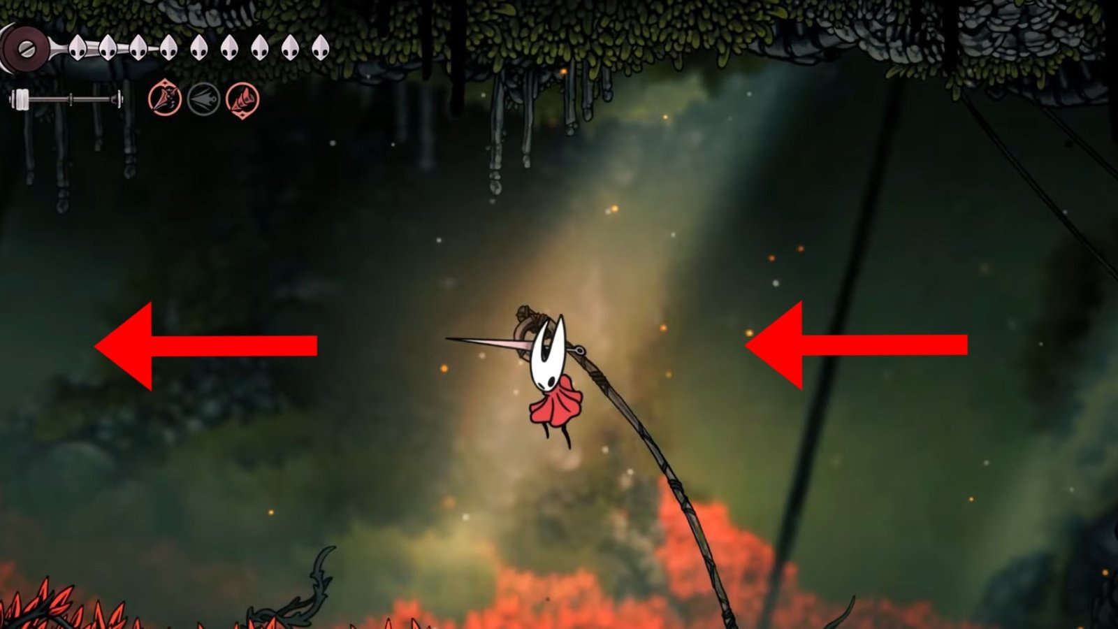 Silksong featuring Hornet using the metal rings to navigate to the left.