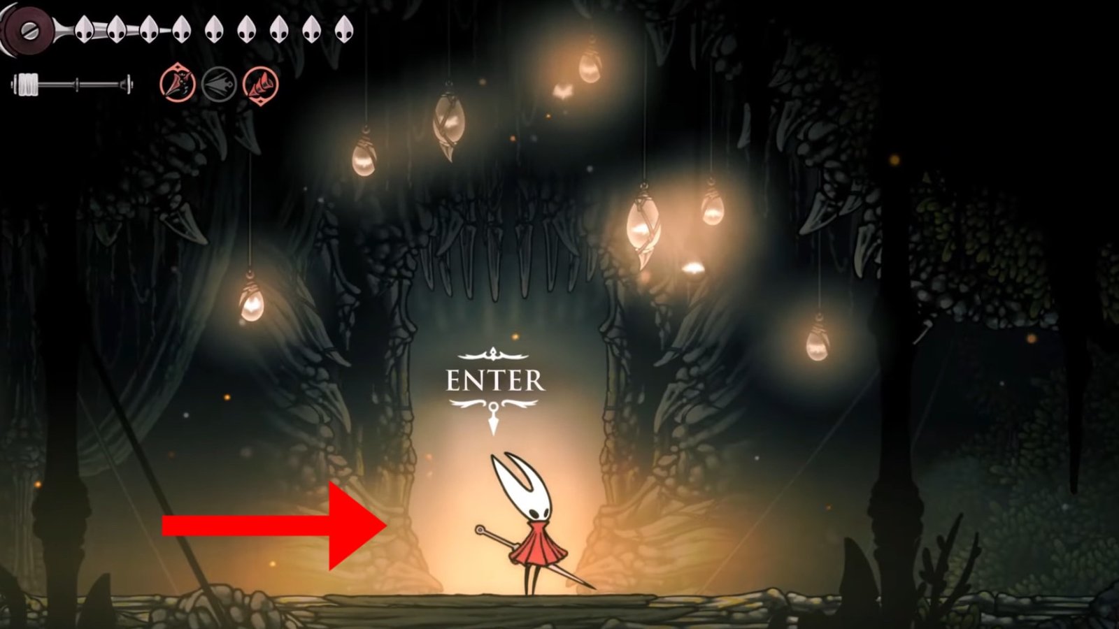 Silksong featuring Hornet at the Far Fields secret door entrance.