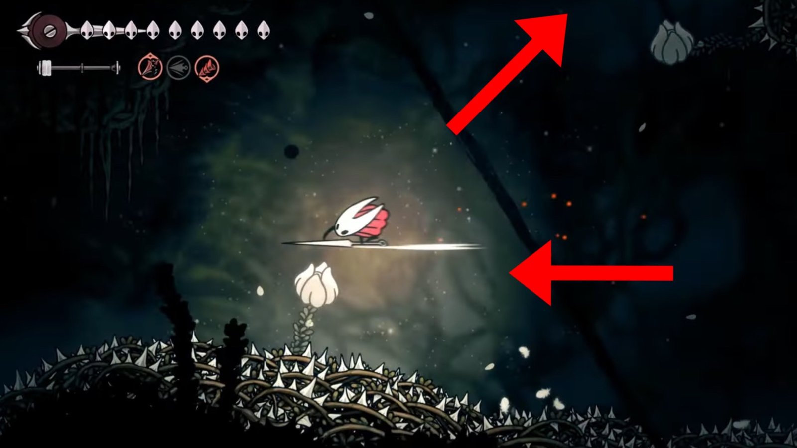 Silksong featuring Hornet Pogo Jumping off of white flowers.