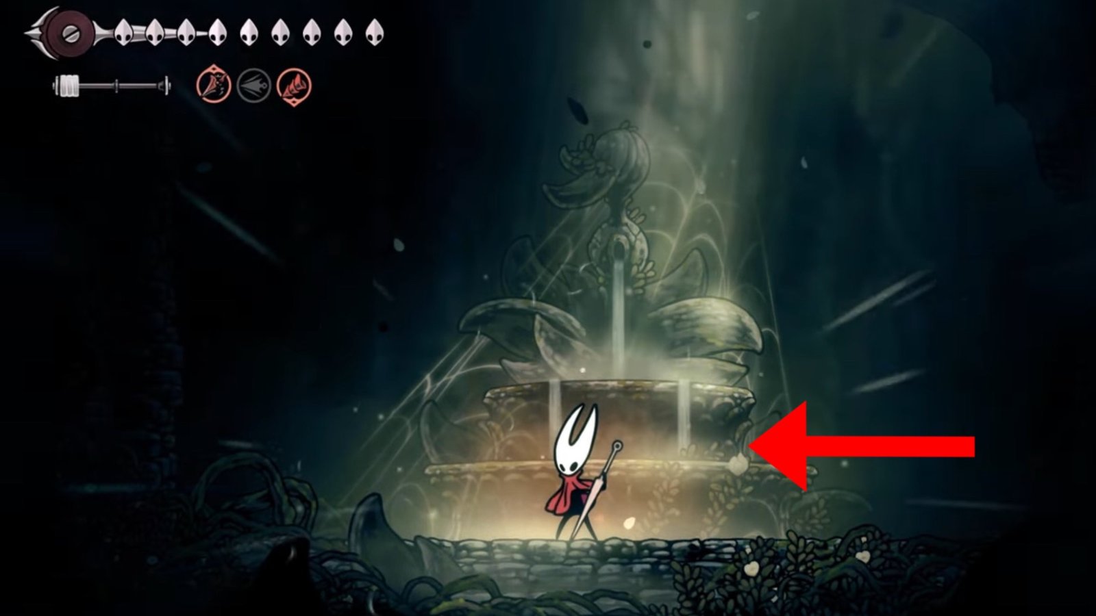 Silksong featuring Hornet using Needolin ability at the fountain.