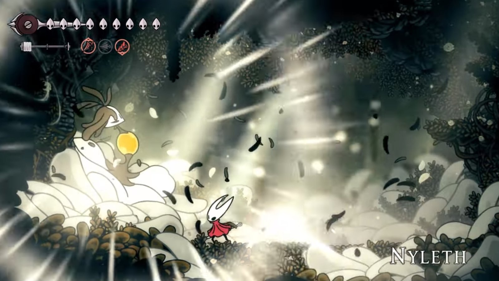Silksong featuring Hornet fighting Nyleth.