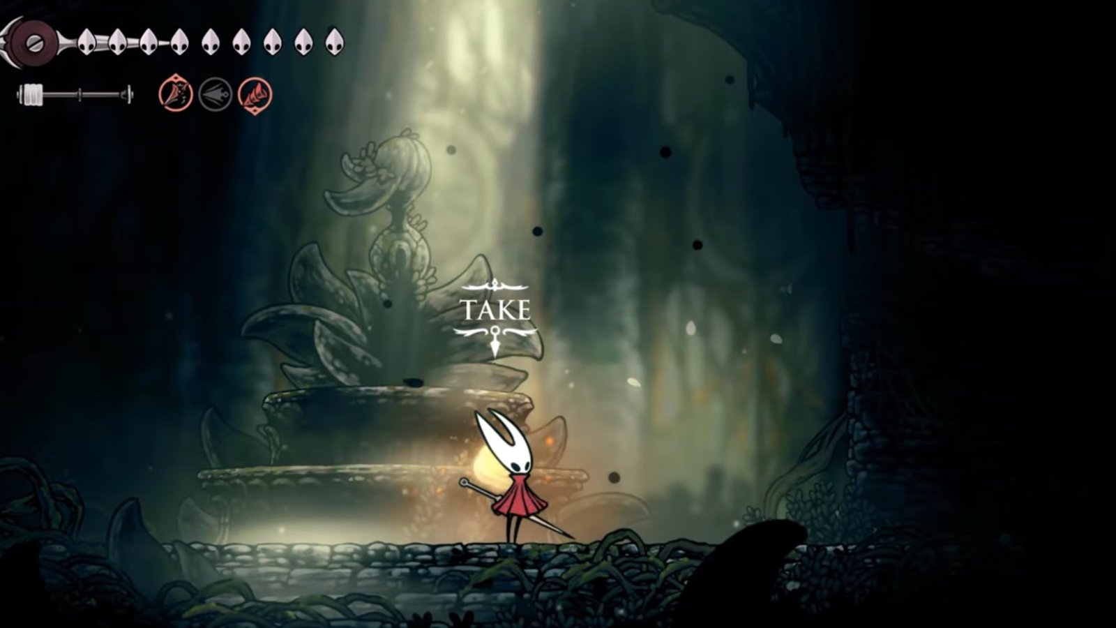 Silksong featuring Hornet obtaining the Heart of the Woods (Pollen Heart)