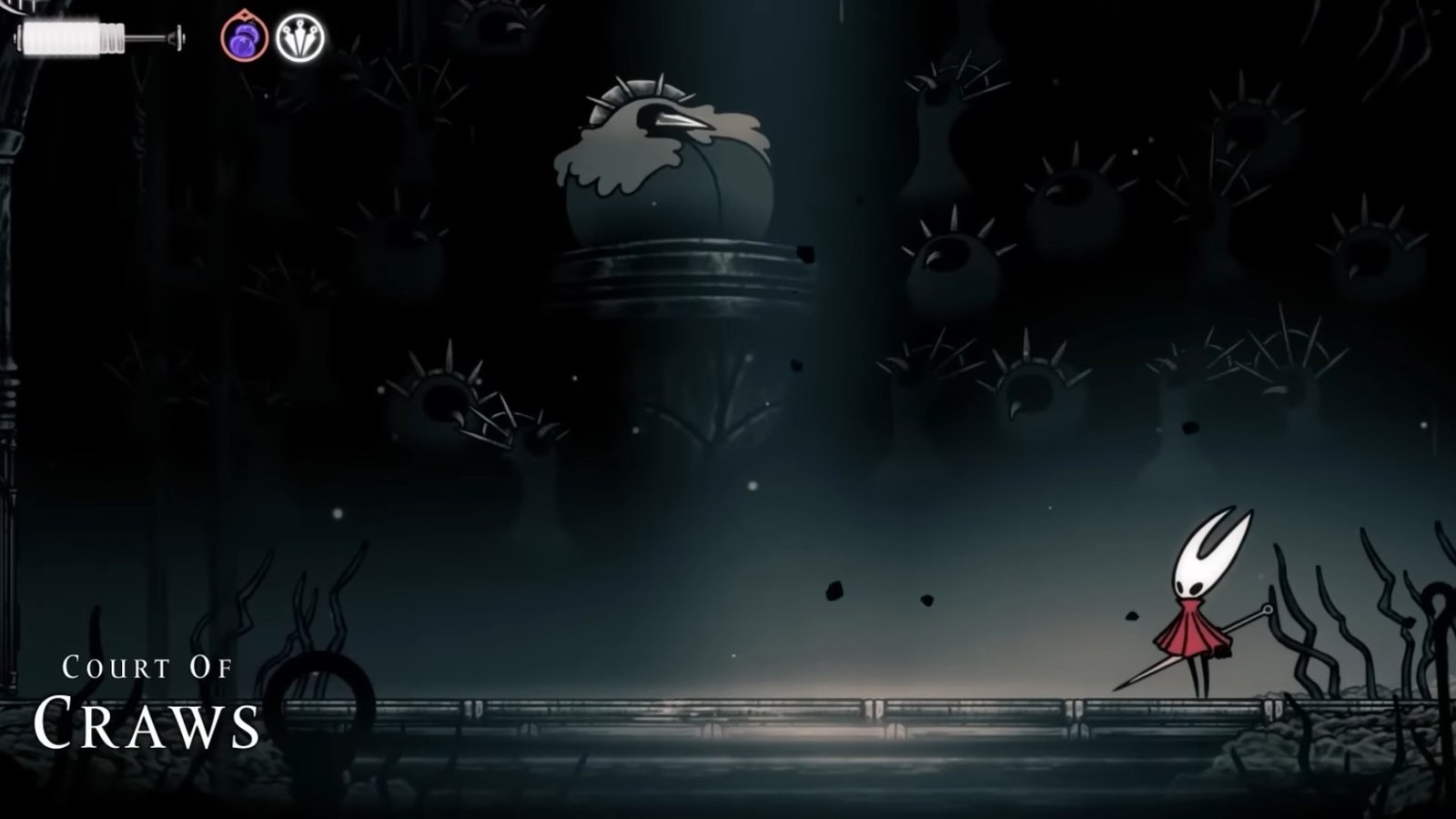 Silksong featuring Hornet at the Court of Craws boss fight.