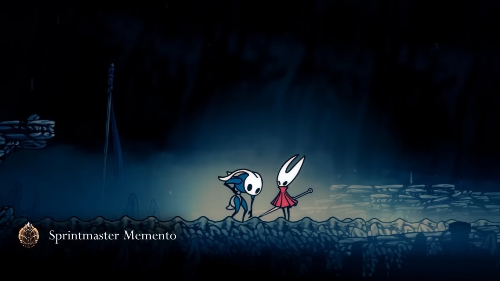Silksong featuring Hornet collecting the Sprintmaster Memento from Sprintmaster Swift.