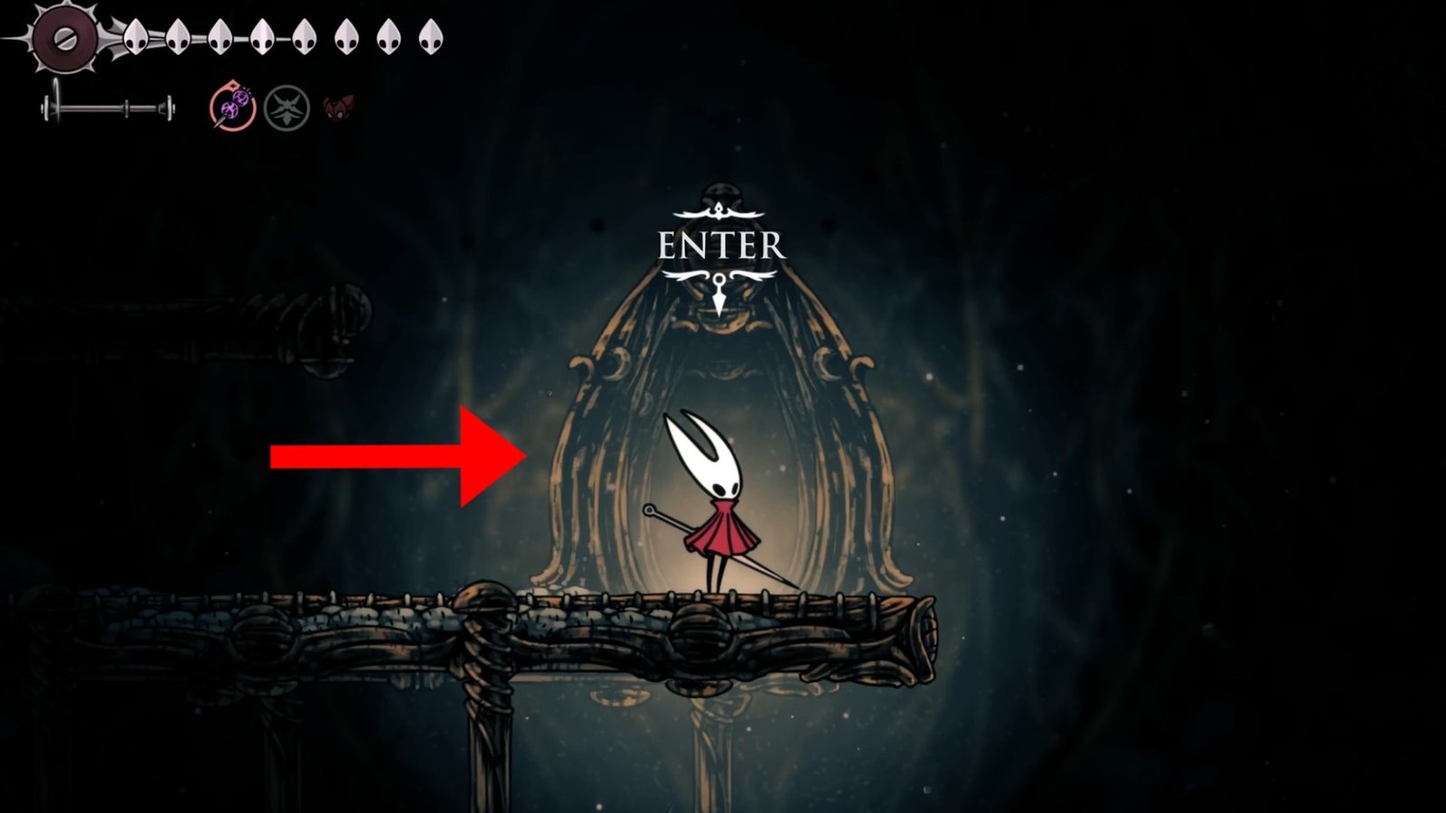 Silksong featuring Hornet entering the door to the First Sinner boss.