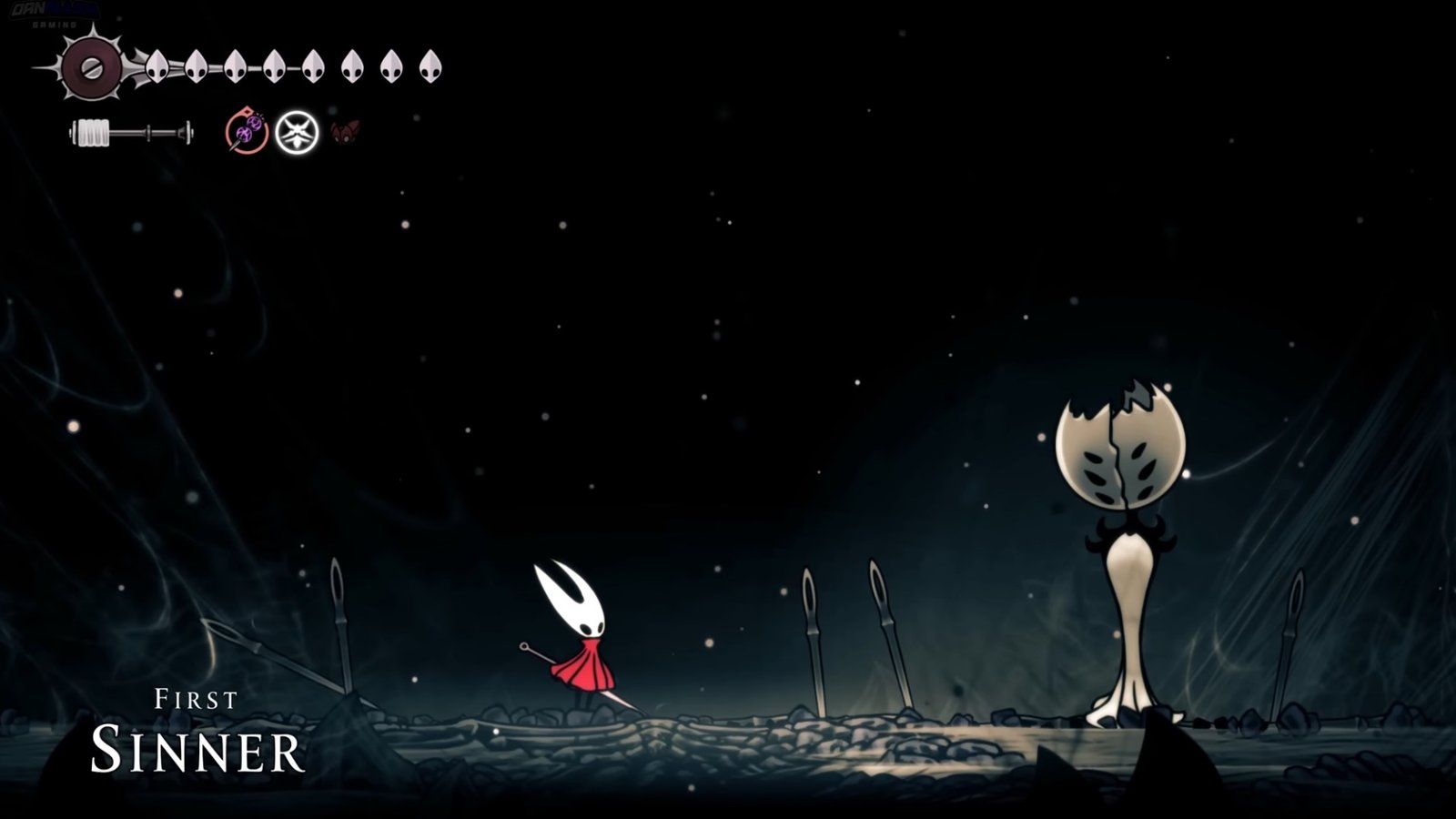 Silksong featuring Hornet fighting the First Sinner.