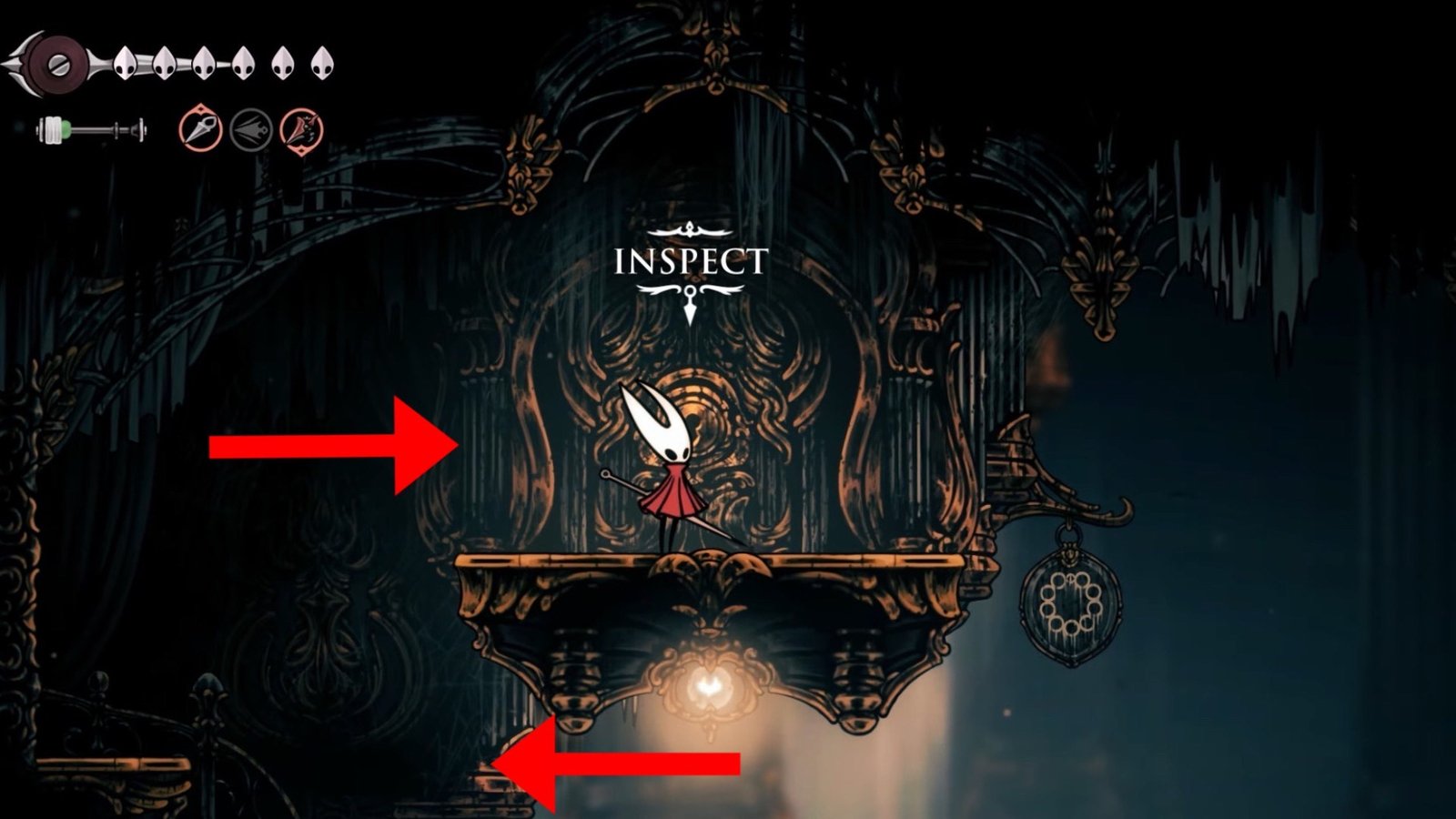 Silksong featuring the Hornet inspecting a locked door, where the Simple Key is to be used.