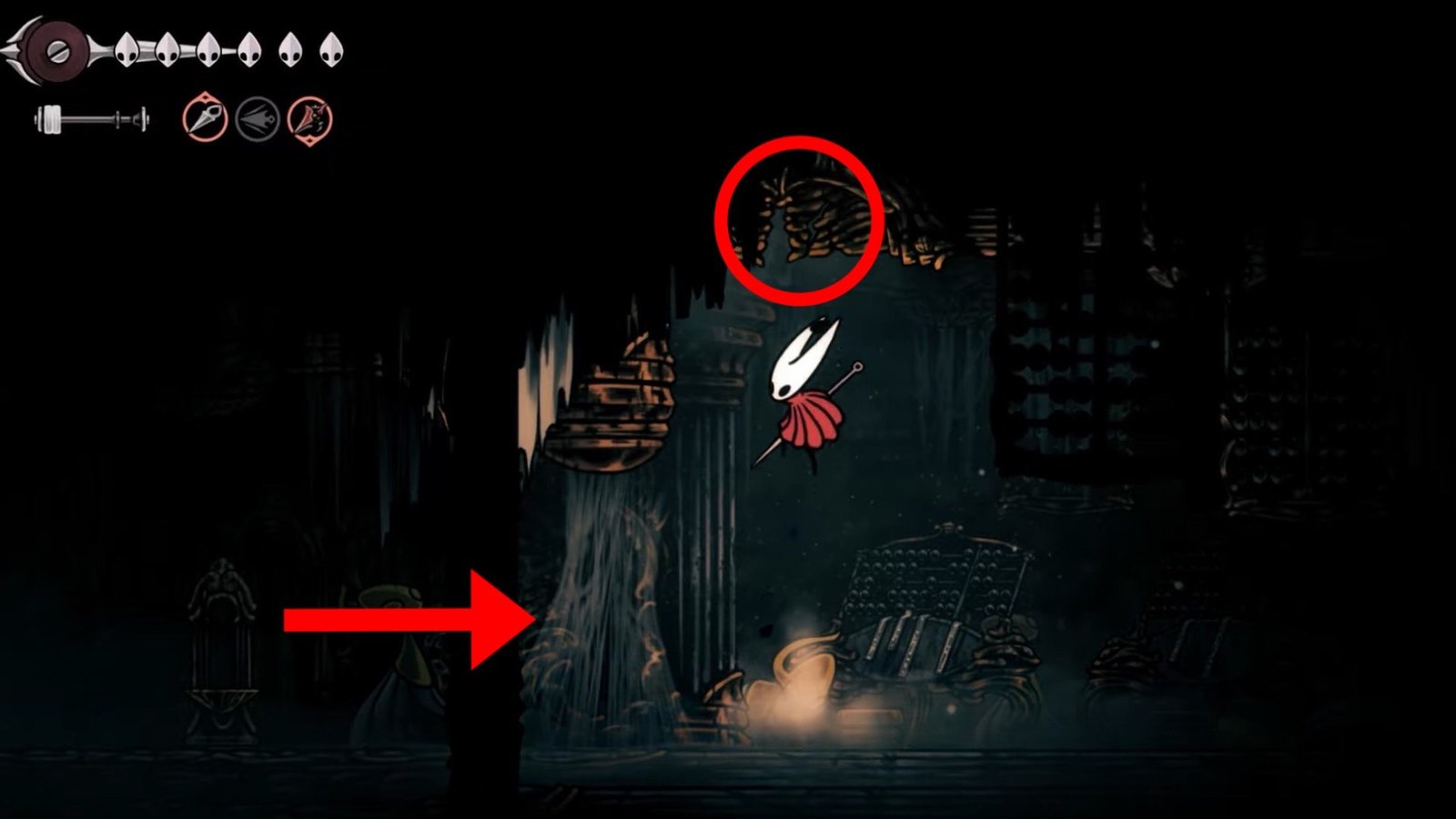 Silksong featuring the Hornet jumping up to open the ceiling entrance.