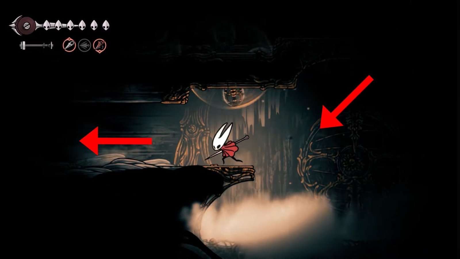 Silksong featuring the Hornet heading left inside High Halls.