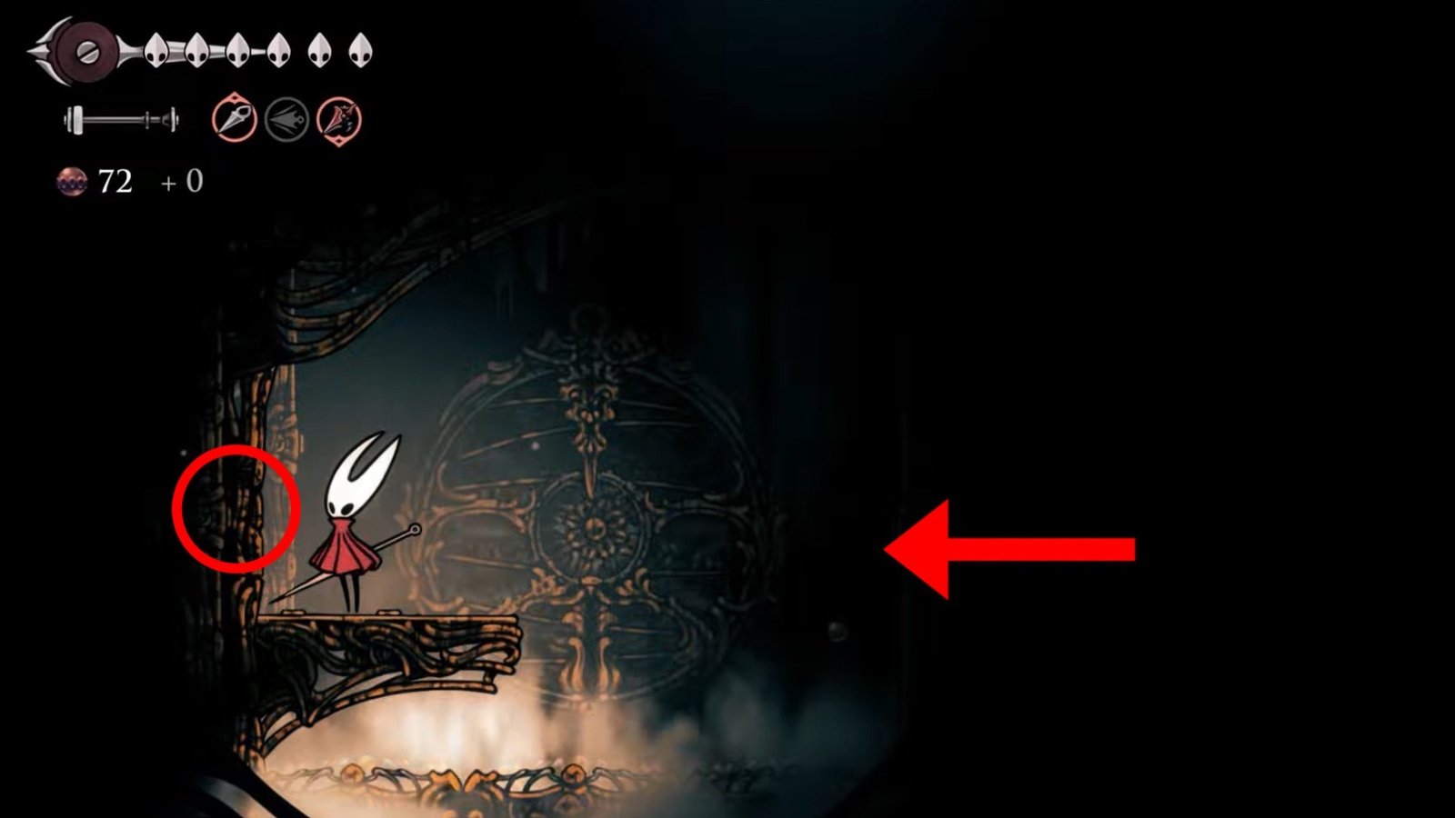 Silksong featuring the Hornet breaking the left wall opening to clear the path ahead.