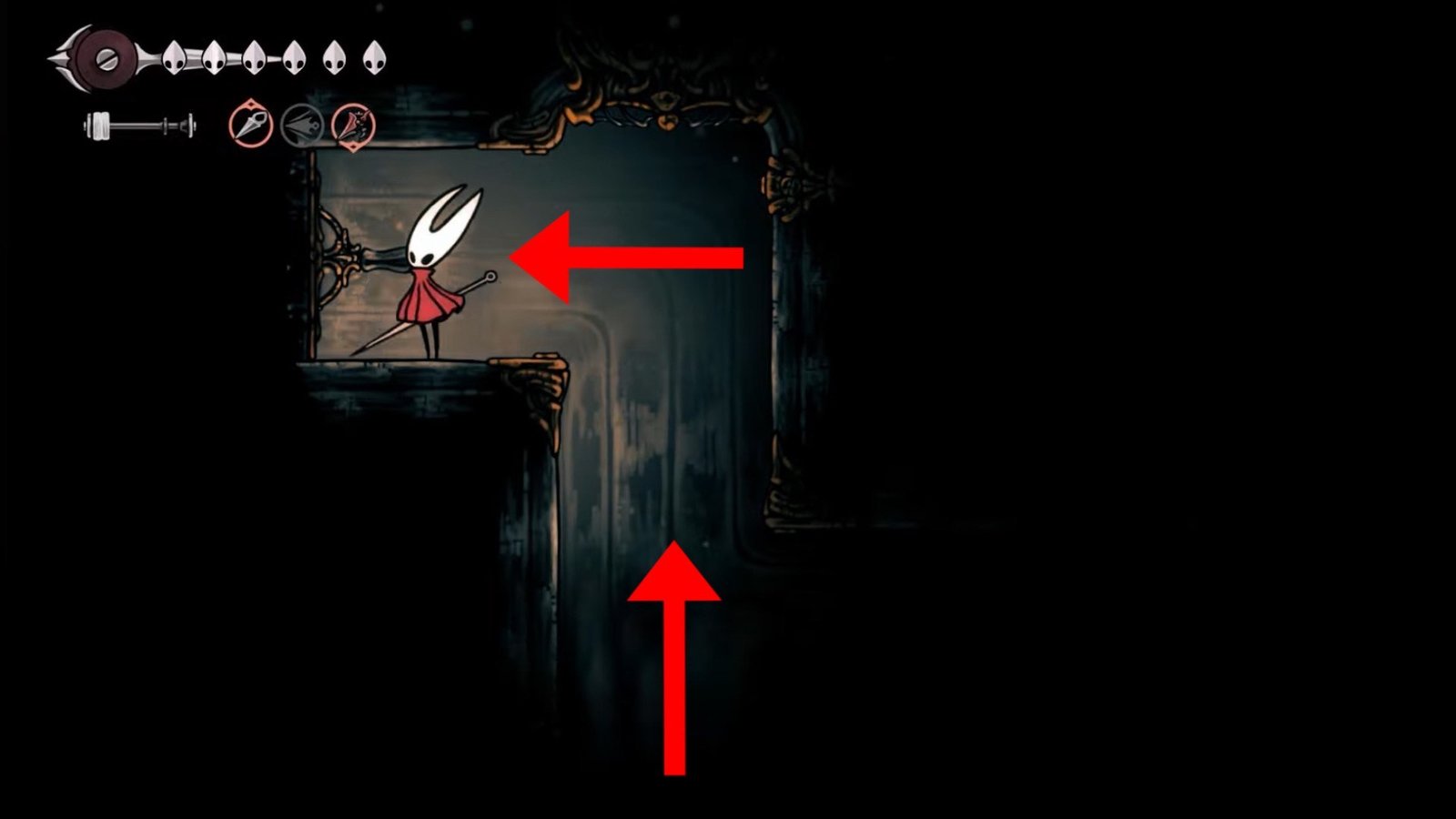 Silksong featuring the Hornet at a lever on the left wall, which opens the way forward.