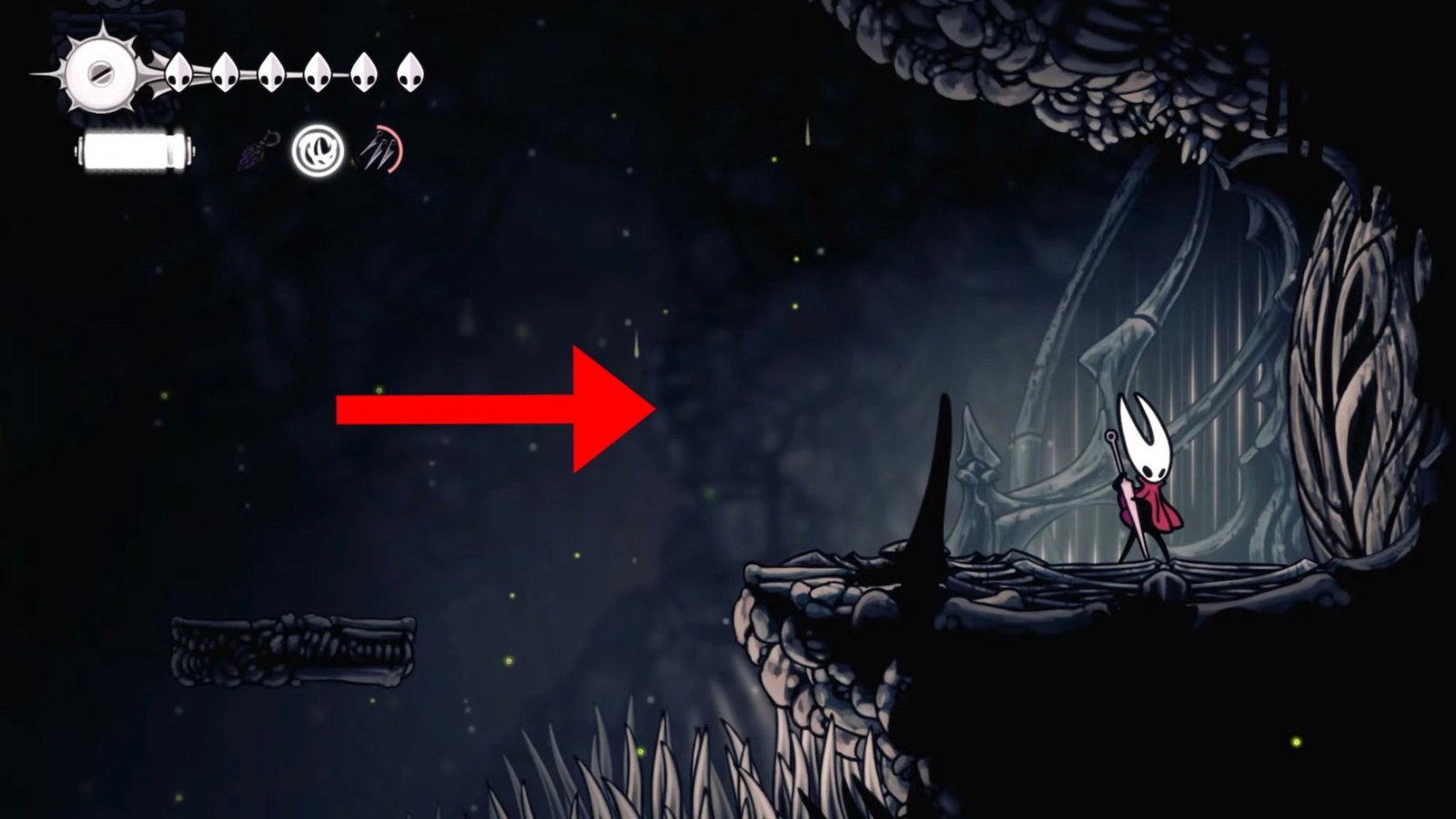 Silksong featuring Hornet using the Needolin Skill at the Weavenest Atla entrance.