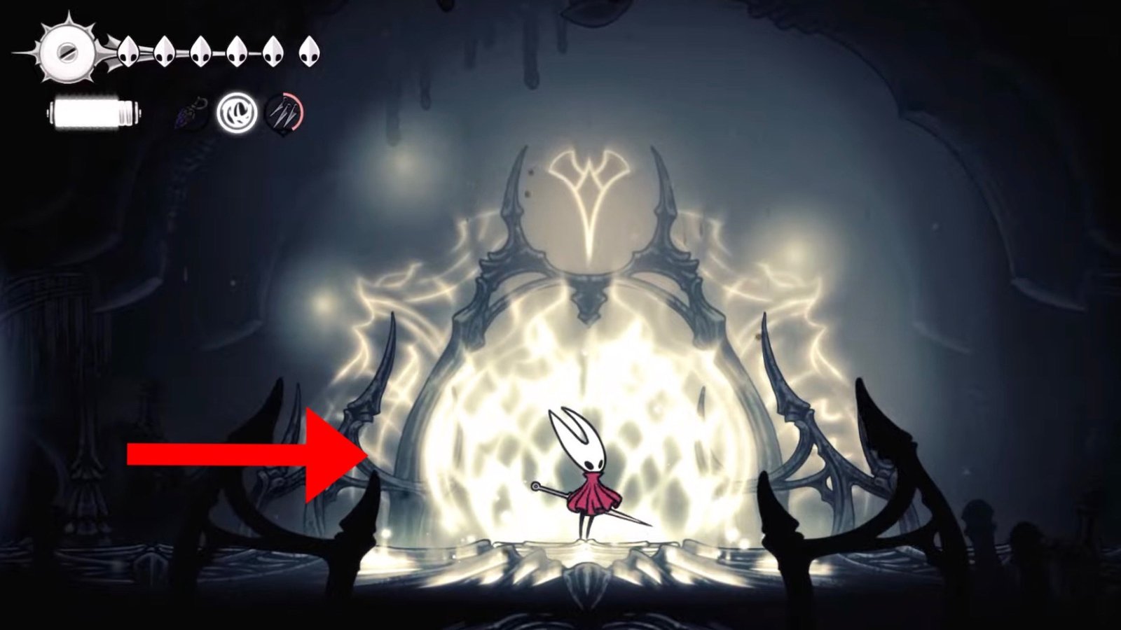 Silksong featuring Hornet at the teleporter.