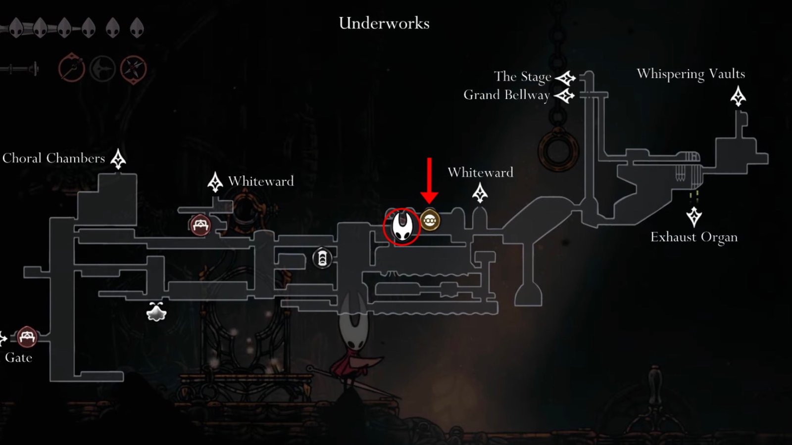 Silksong featuring the Twelfth Architect's location on the map at the Underworks.