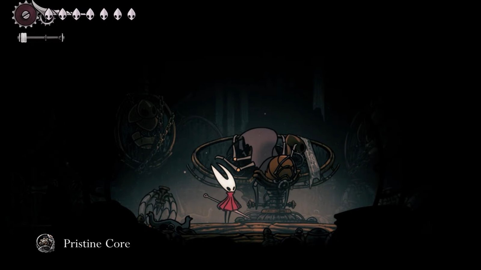 Silksong featuring Hornet at the Twelfth Architect's corpse, and the first Pristine Core.