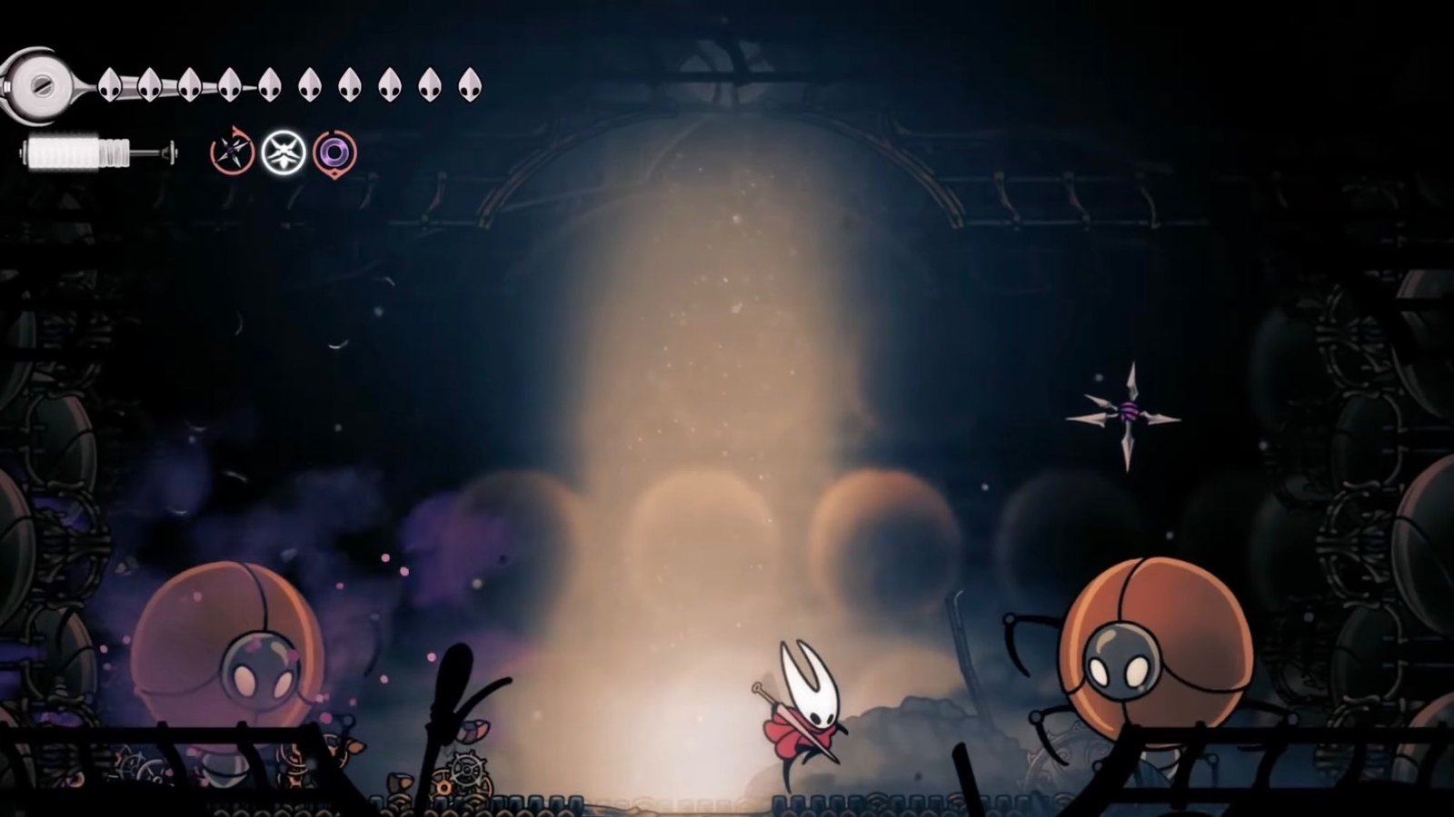 Silksong featuring the Cogwork Clappers boss fight.