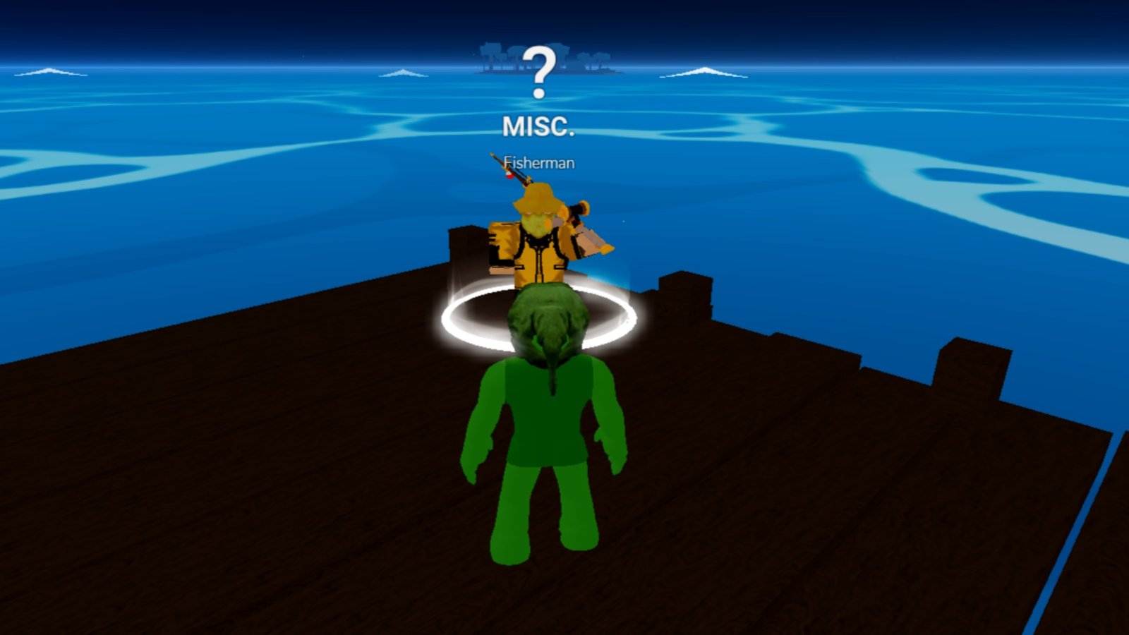 Blox Fruits screenshot featuring a player at the docks with the Fisherman NPC.
