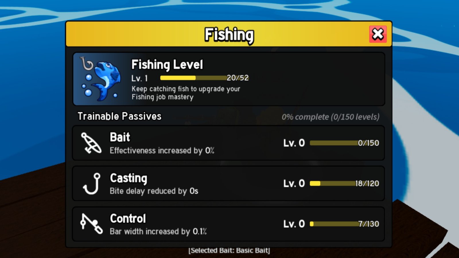 Blox Fruits screenshot showcasing the Fishing Mastery tab.