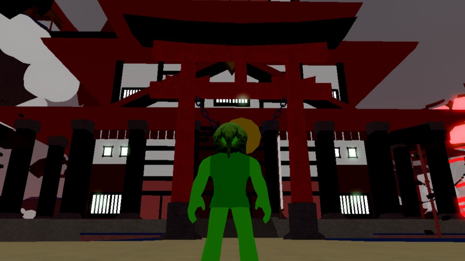 Blox Fruits screenshot featuring a player at the Oni Realm temple where the Red Commander Raid Boss spawns.