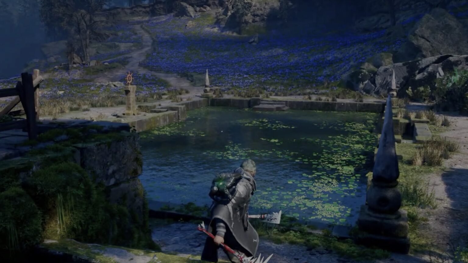 Hell Is Us screenshot featuring the protagonist at the Lake Cynon puzzle.