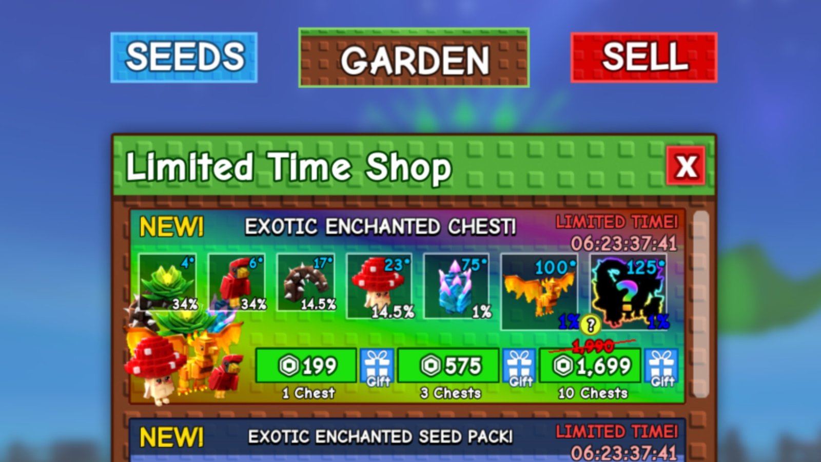Grow a Garden Fairy Event Update screenshot featuring the in-game Shop with the Enchanted Chests.