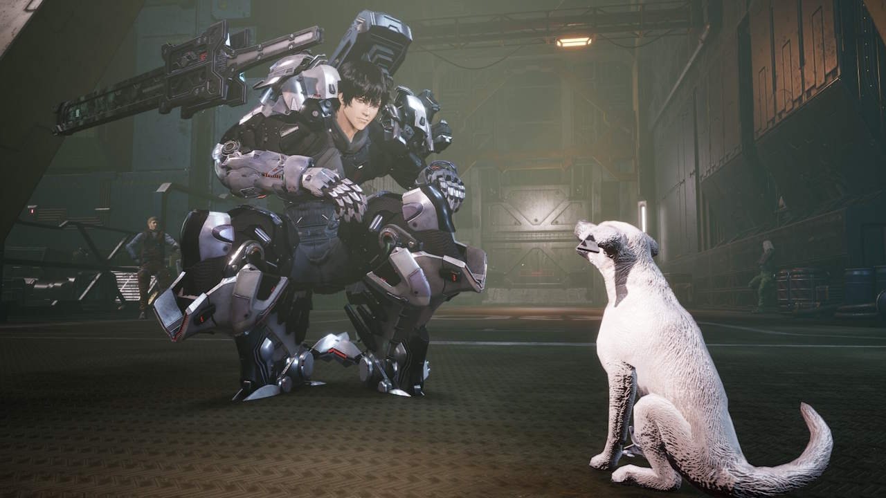 The mecha pilot looking at a friendly dog in Daemon x Machina Titanic Scion