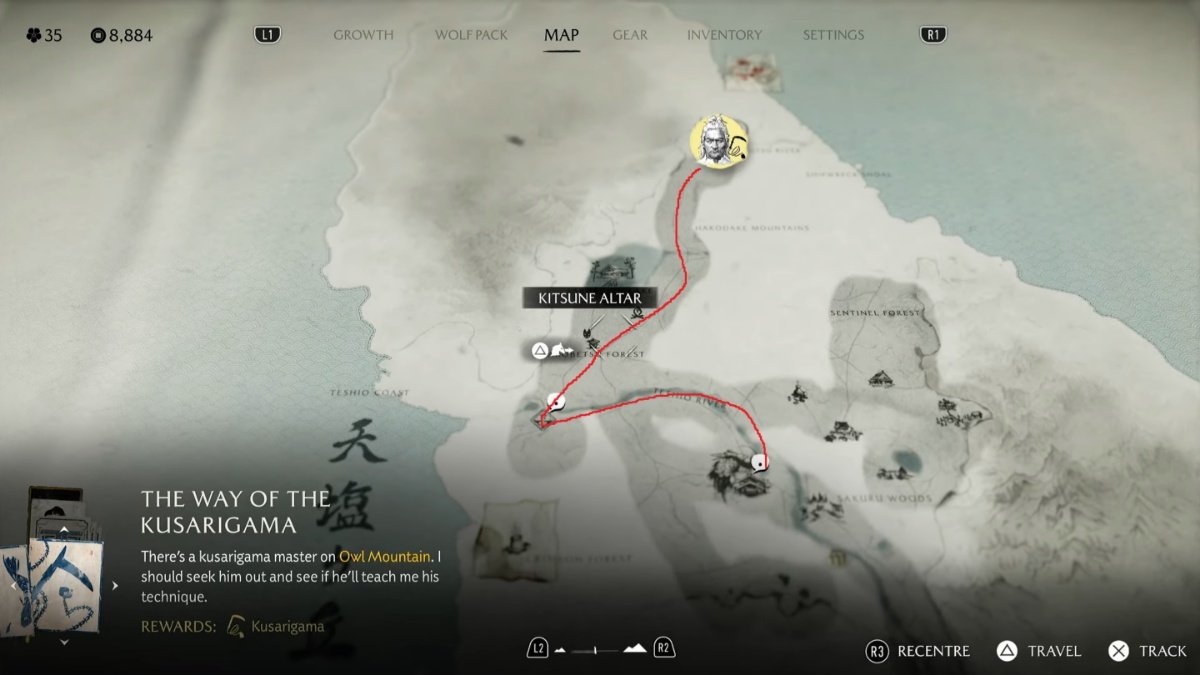 A screenshot showing the route to Owl Mountain in Ghost of Yotei