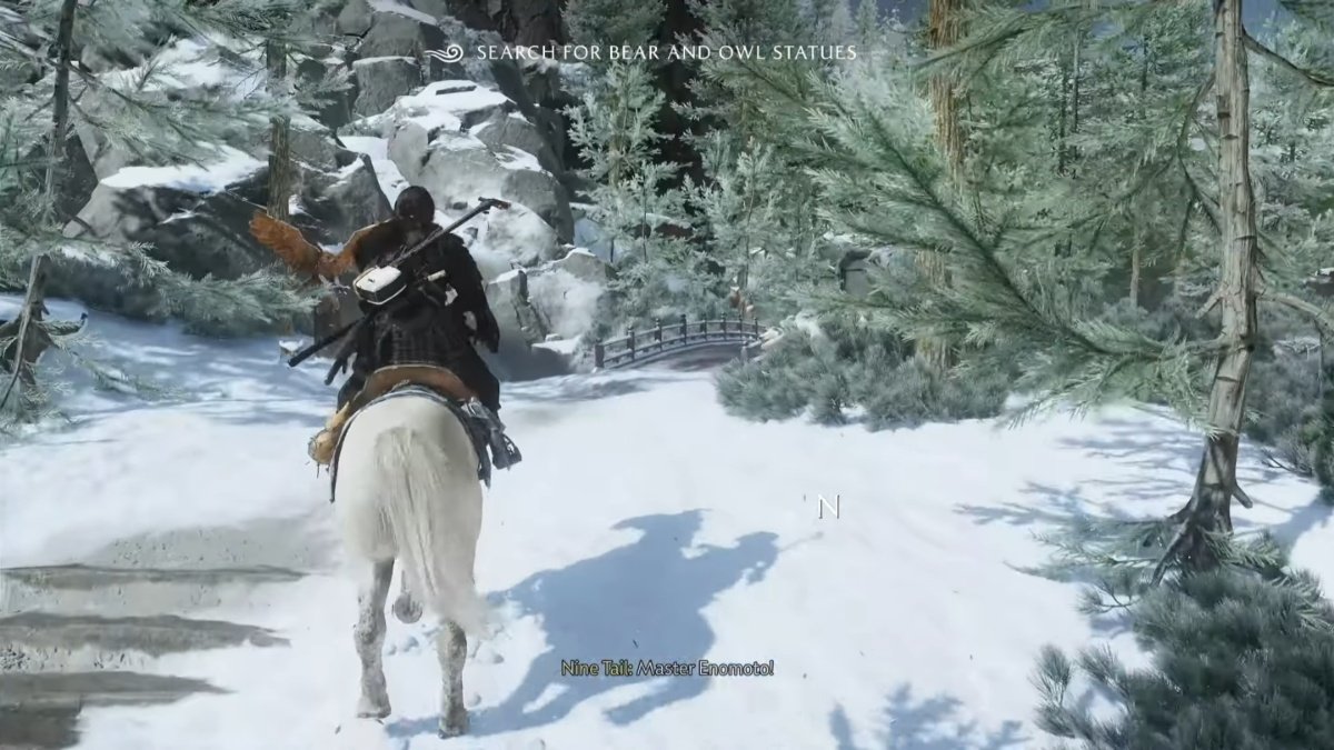 Atsu sitting on her horse while entering Owl Mountain in Ghost of Yotei