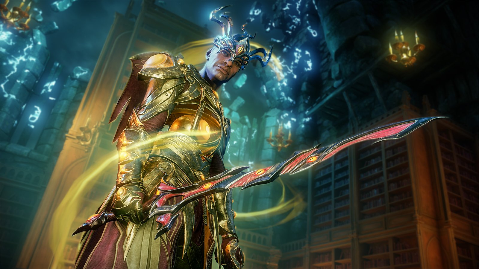 New World: Aeternum screenshot featuring a character with gold armor.