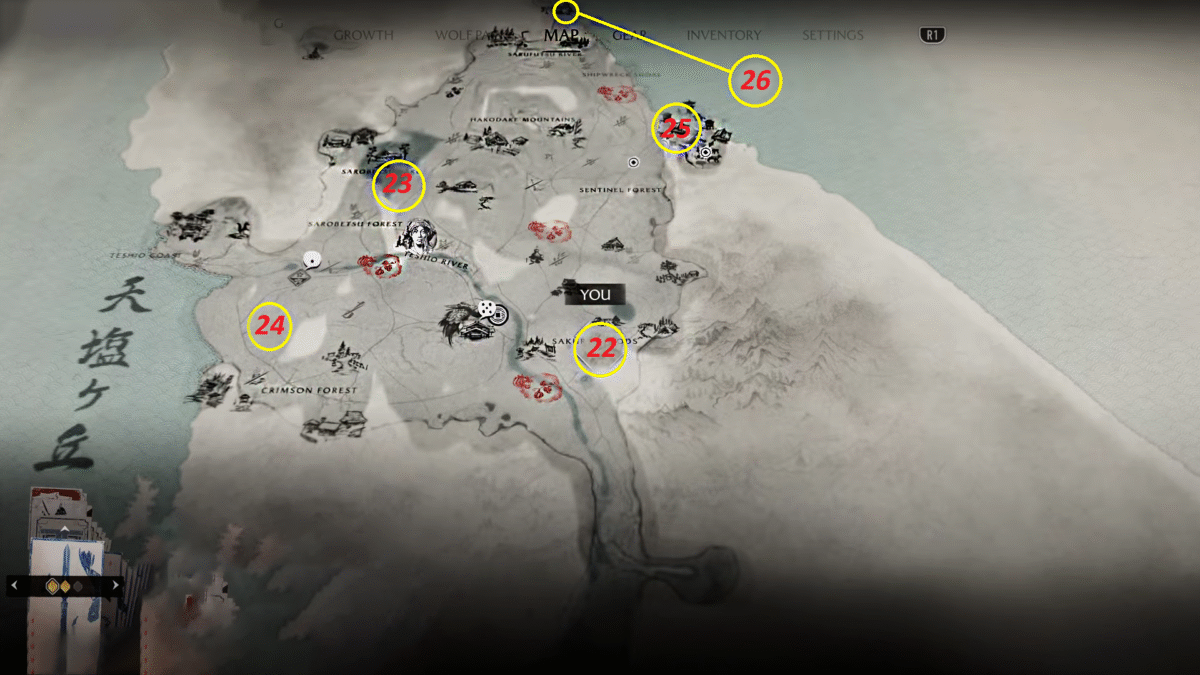 Ghost of Yotei Teshio Ridge #1 AINU item locations on the map