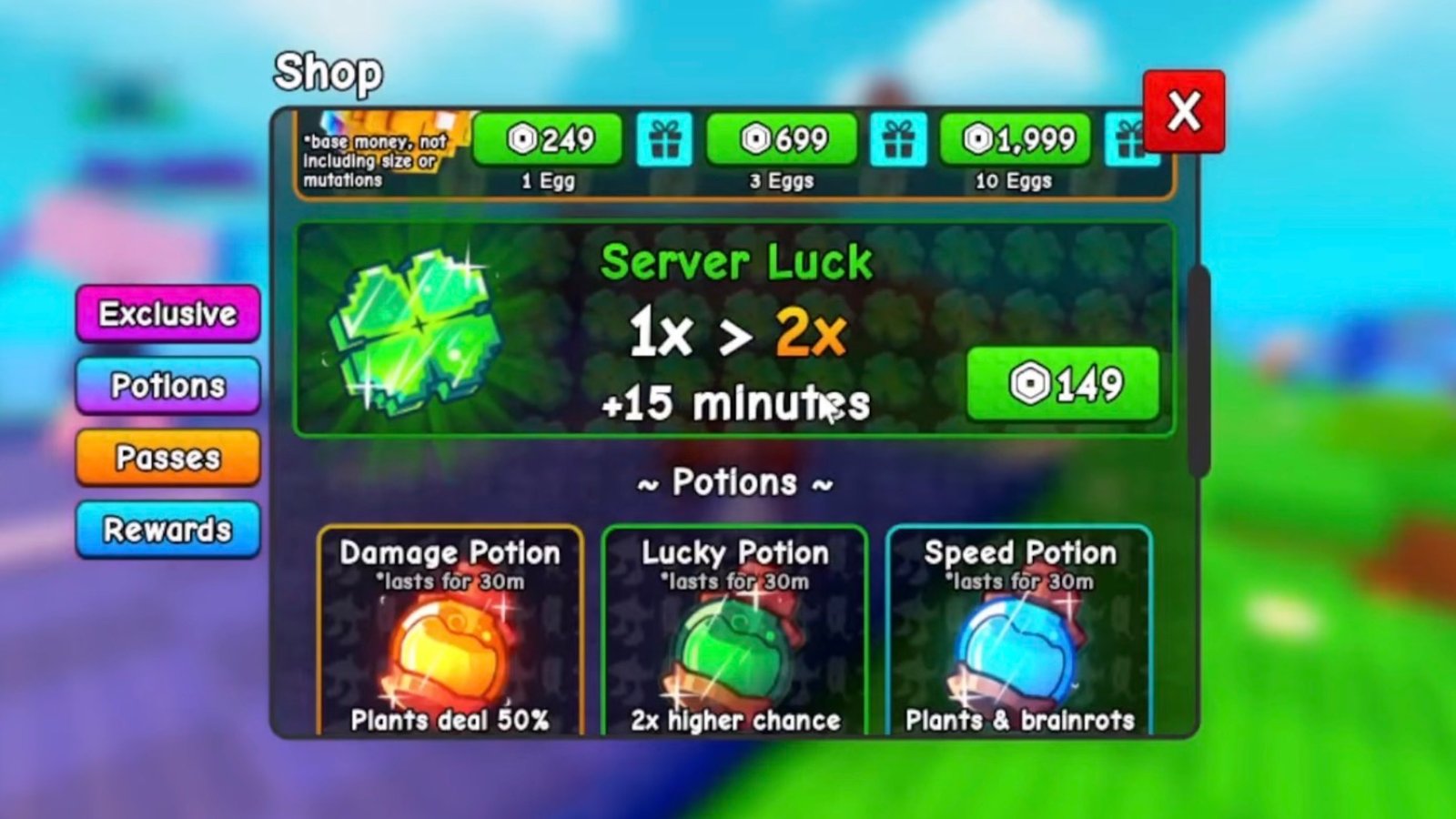Plants vs Brainrots screenshot featuring the Server Luck option in the in-game shop.
