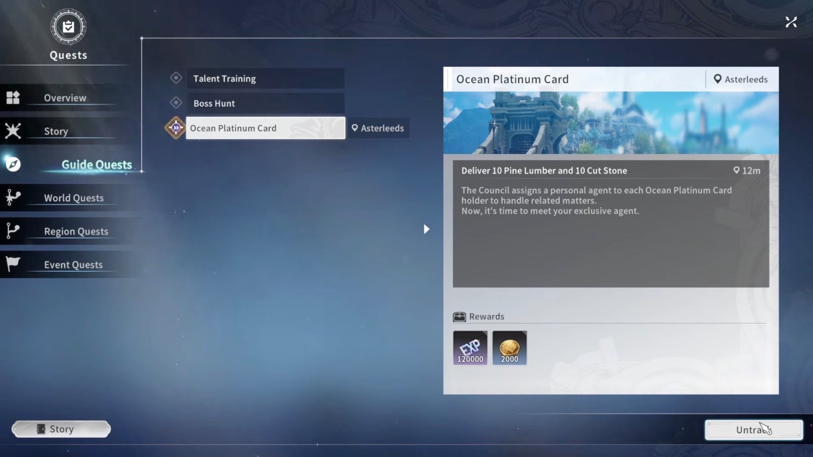Blue Protocol: Star Resonance screenshot featuring the Ocean Platinum Card quest, which unlocks Homestead.