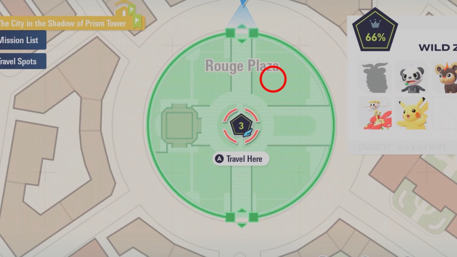 Pokémon Legends: Z-A screenshot featuring Espurr's location in Wild Zone 3.