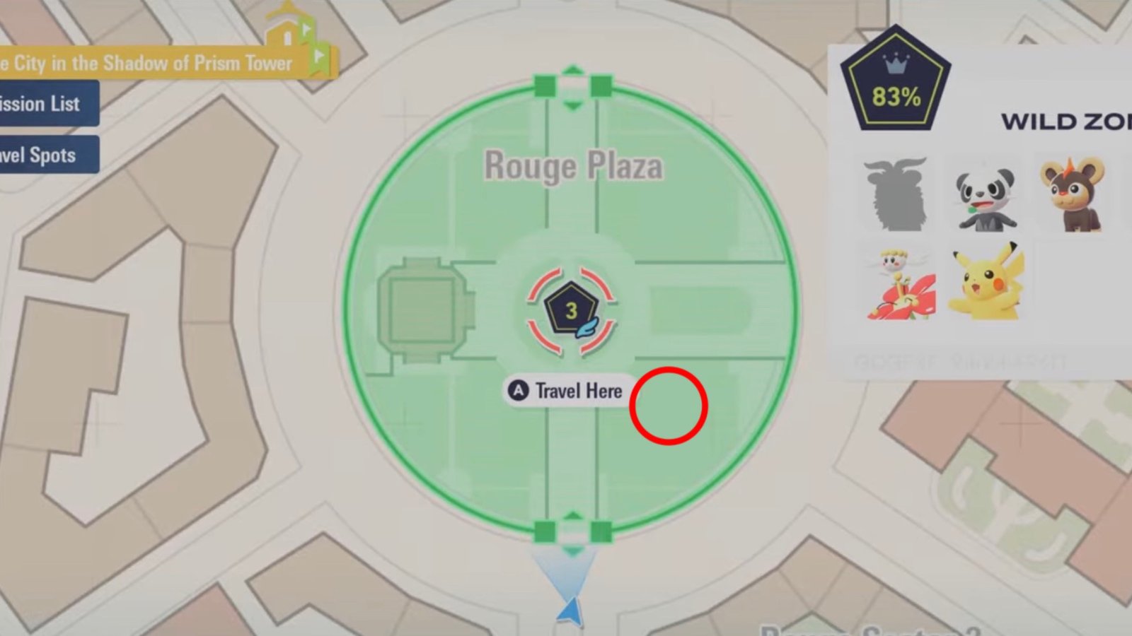 Pokémon Legends: Z-A screenshot featuring Pikachu's location in Wild Zone 3.