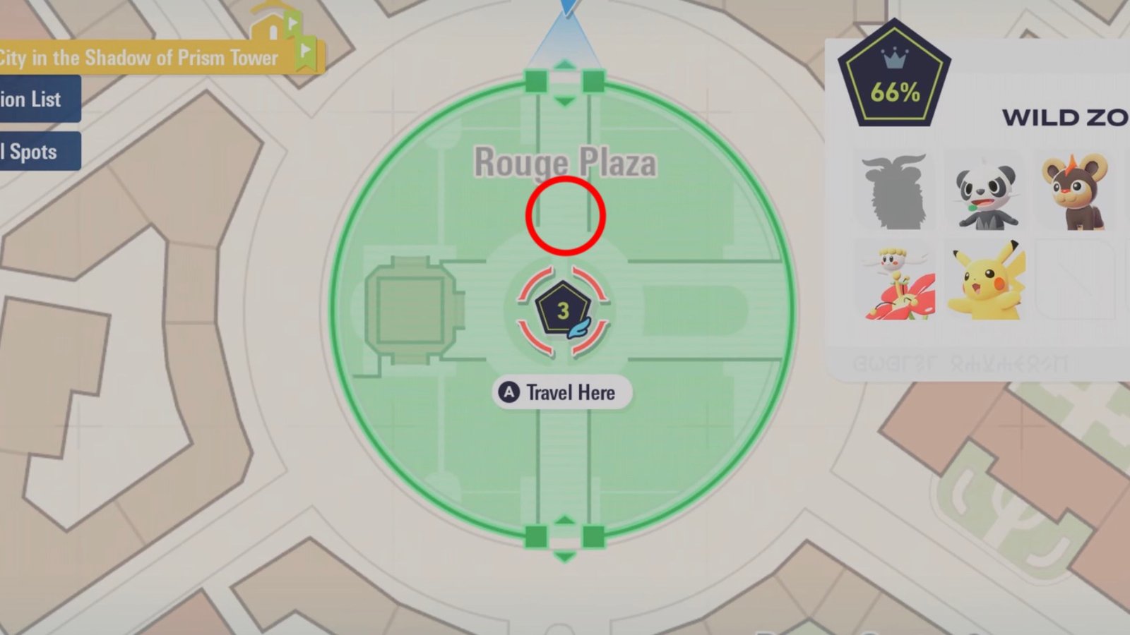 Pokémon Legends: Z-A screenshot featuring Flabebe's location in Wild Zone 3.