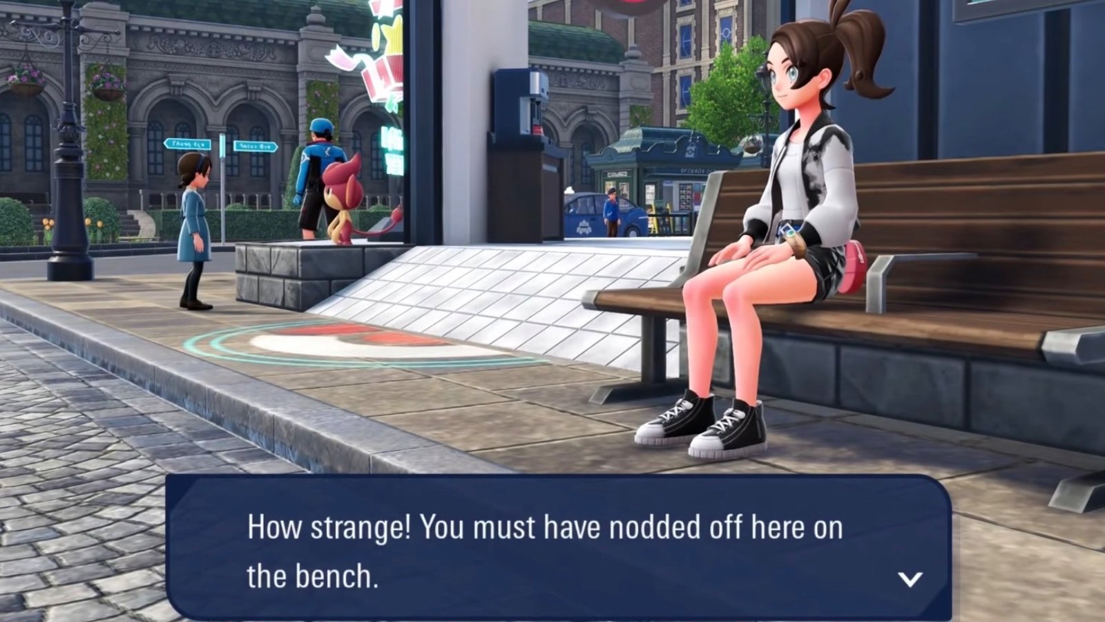 Pokémon Legends: Z-A screenshot featuring the player sitting on a bench outside Gare de Lumiose.